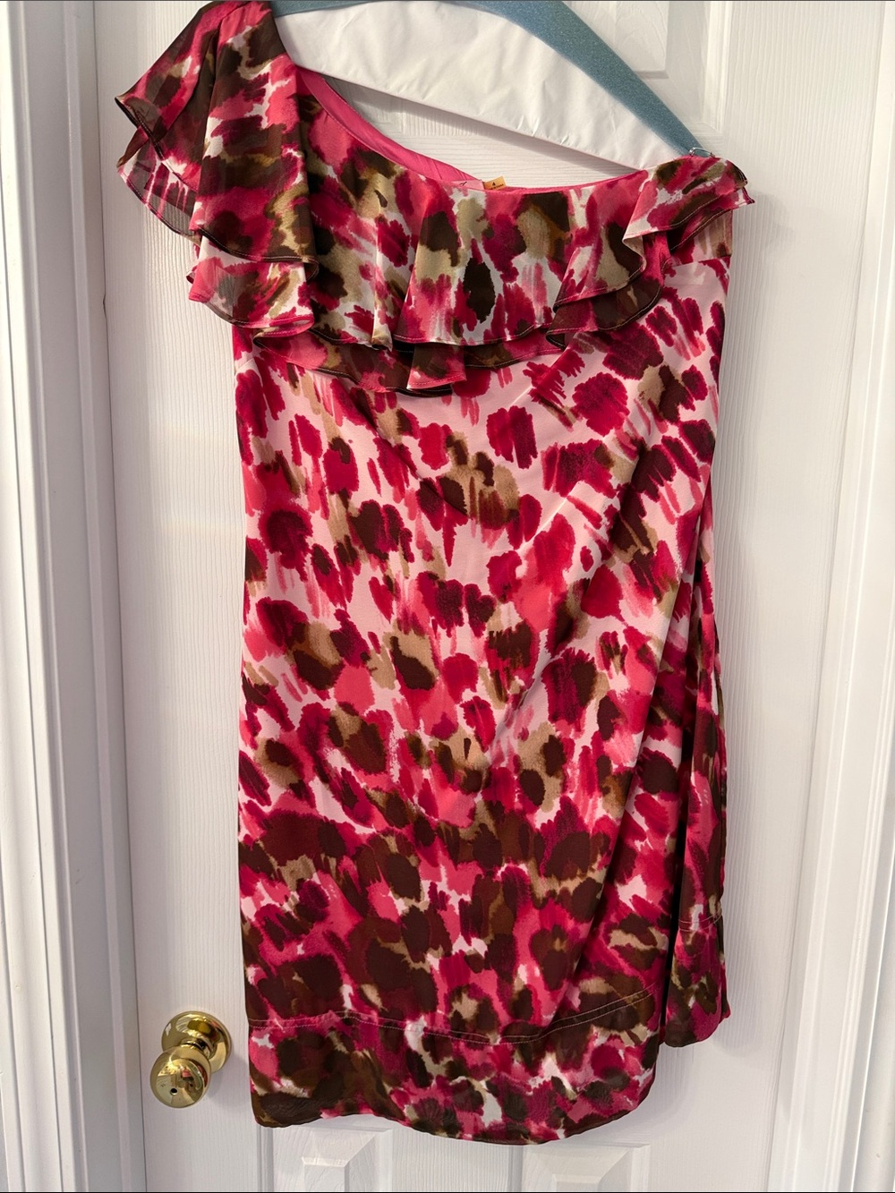 Eliza J One-Shoulder Ruffle Dress in Pink and Brown Floral Print